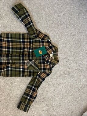 Bass Pro Shops Olive Green Black Tan Plaid Button-Down Shirt